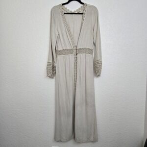 Gimmicks M Crochet Trim Duster Long Line Linen Blend Bohemian Long Sleeve Button